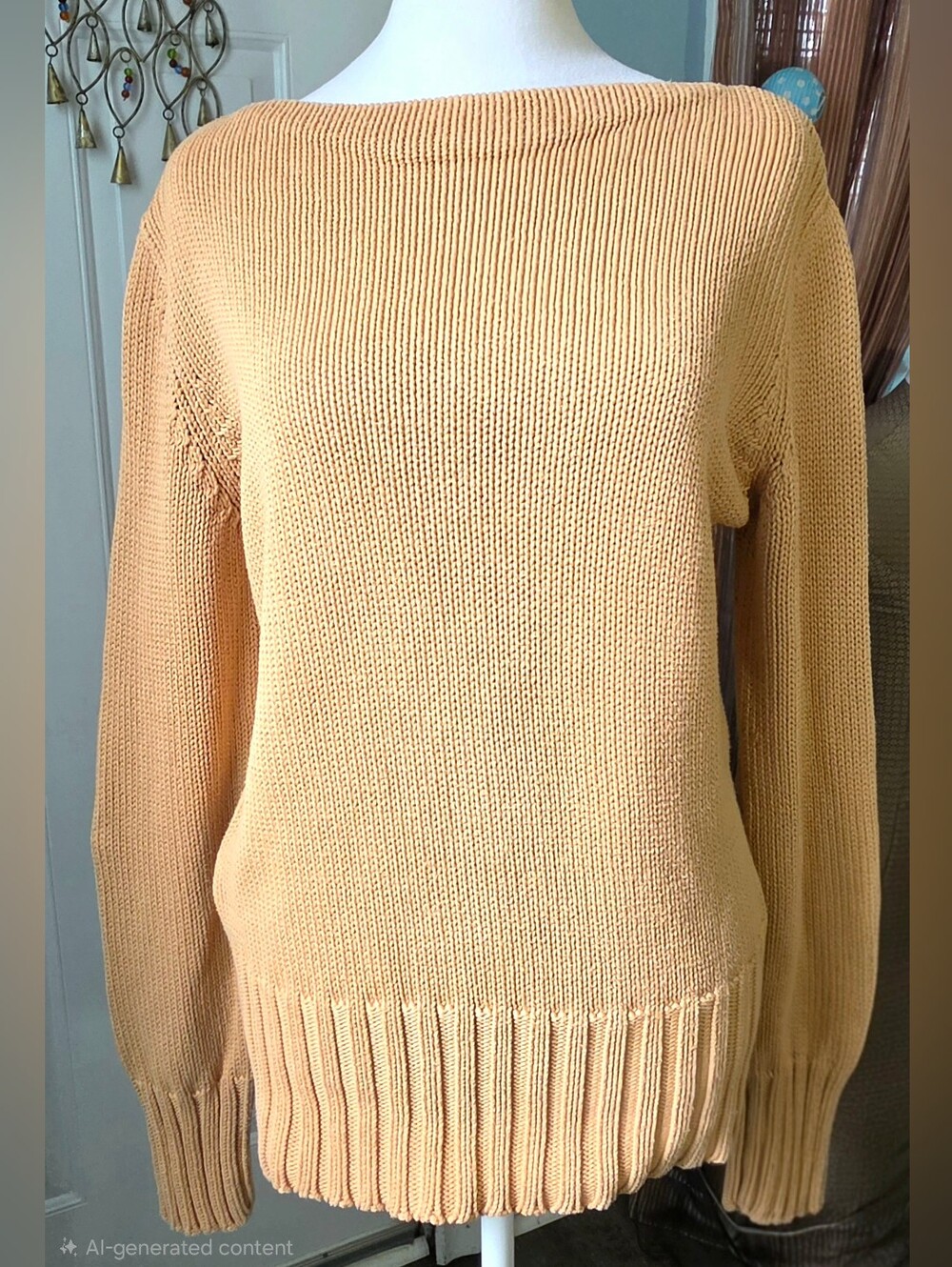 Vintage 90s J. Crew Chunky Kint Boat Neck Sweater Womens M Cammel Cotton Preppy